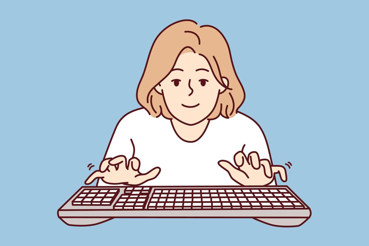 Young woman with typing keyboard looks at screen while typing e-mail message. Girl blogger or internet programmer working in casual clothes fulfilling order from freelance exchange. Flat vector image