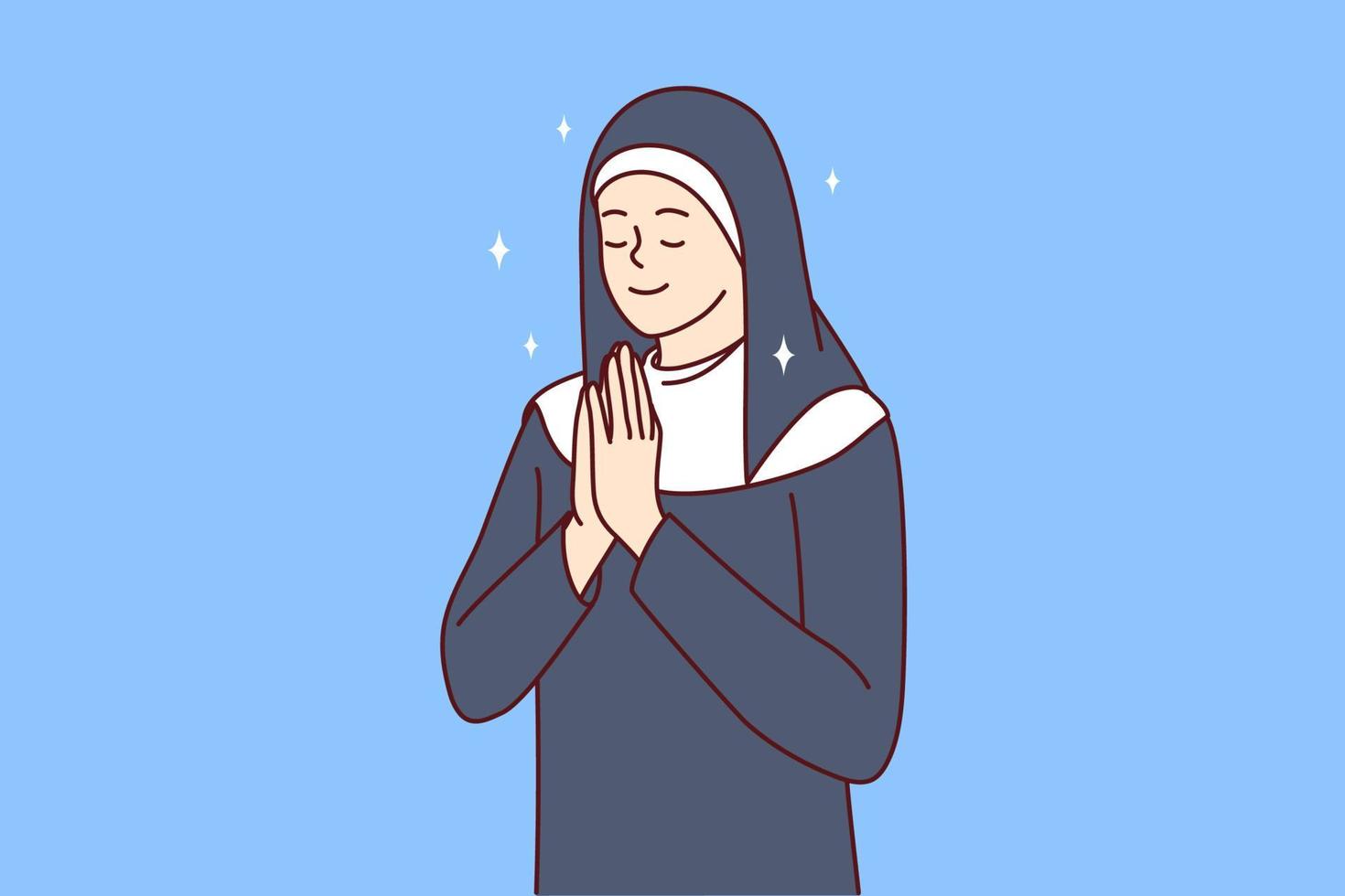 Positive woman in clothes of catholic nun closing eyes praying turning to God for help or advice. Praying girl with palms clasped in front of chest performs religious ritual. Flat vector illustration