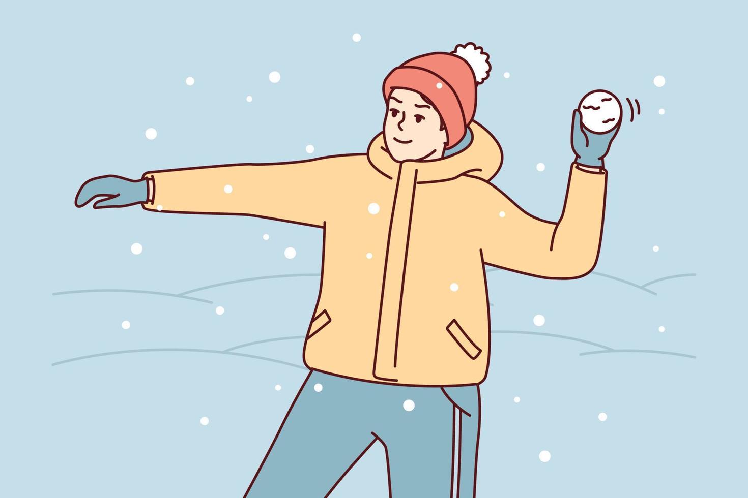 un adolescente con ropa de invierno y sombrero juega bolas de nieve y arroja nieve a sus amigos. el joven se encuentra en la calle entre ventisqueros disfruta del clima frío y se divierte durante las vacaciones. ilustración vectorial plana vector