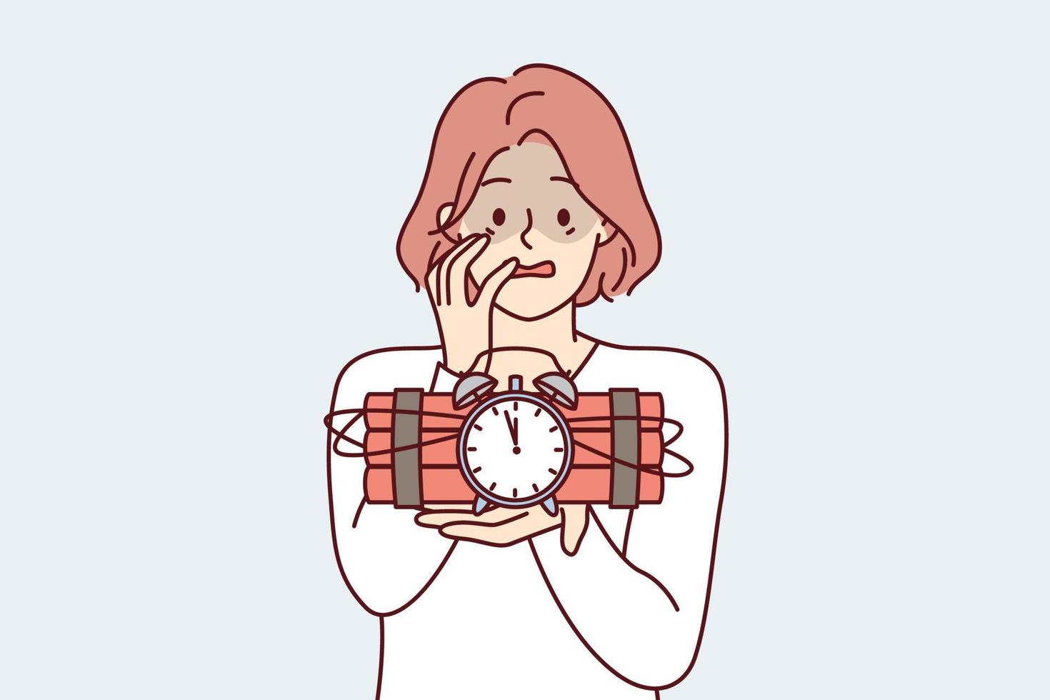 Frightened woman holds bomb and dynamite with clockwork in hand and does not know how to stop explosion. Concept approaching troubles that cannot be avoided. Flat vector illustration