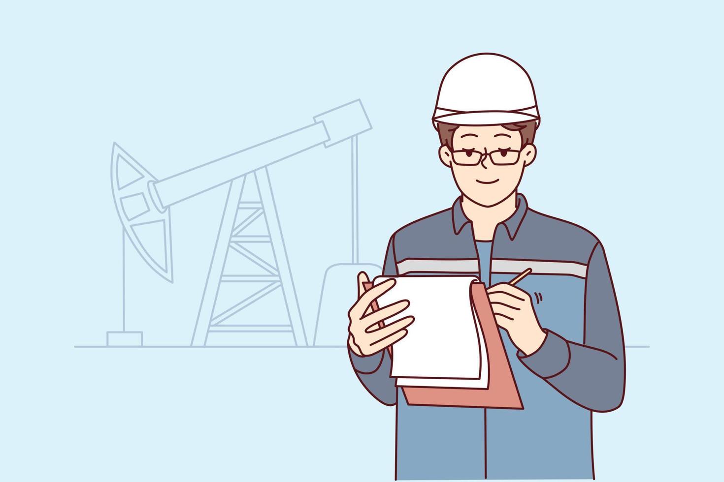 Male engineer in uniform and helmet take notes at construction site. Man worker write in journal working at building area. Engineering concept. Vector illustration.