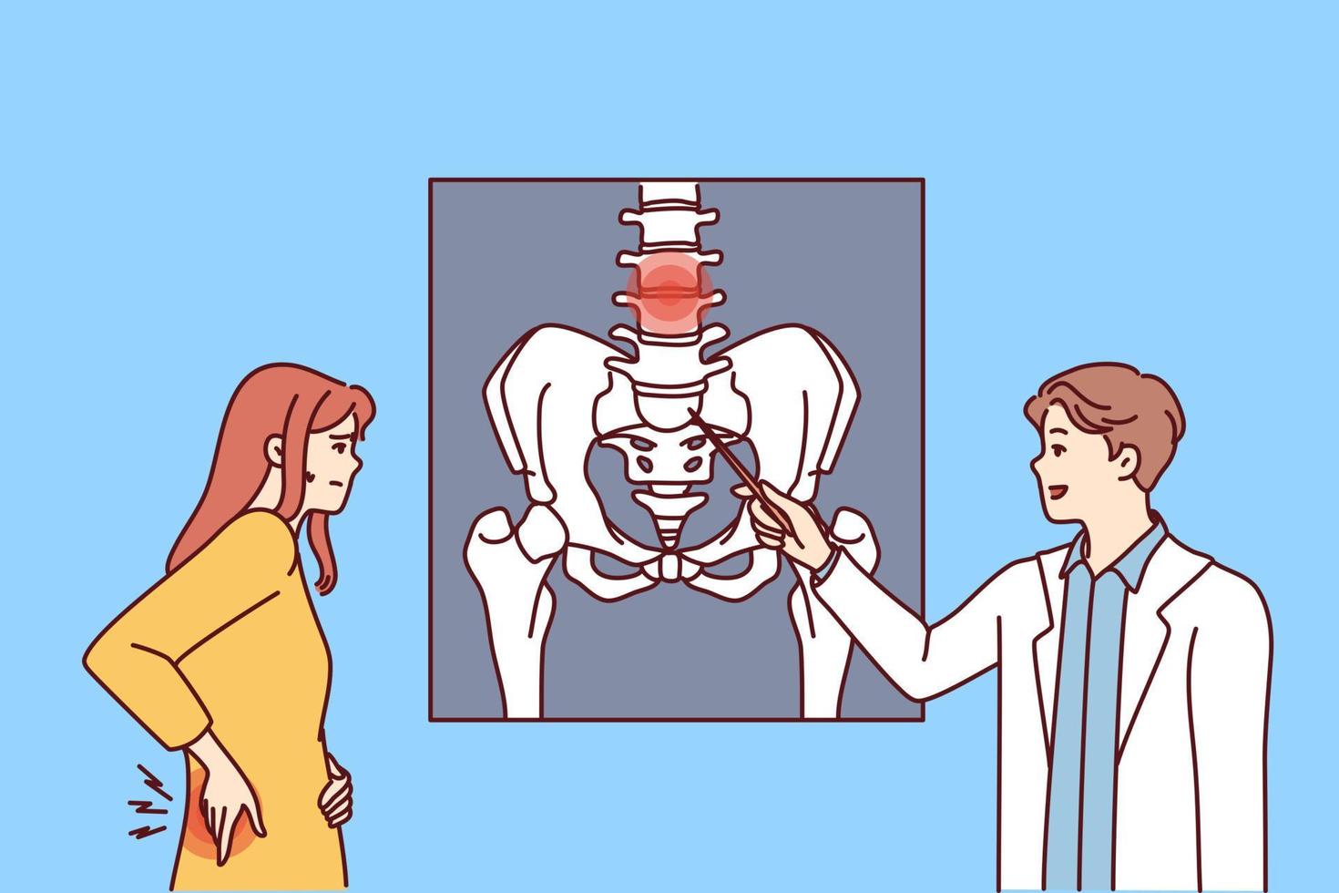 Male doctor show health problem on image to female patient. Man GP or therapist point at body part on scan to woman client in hospital. Vector illustration.
