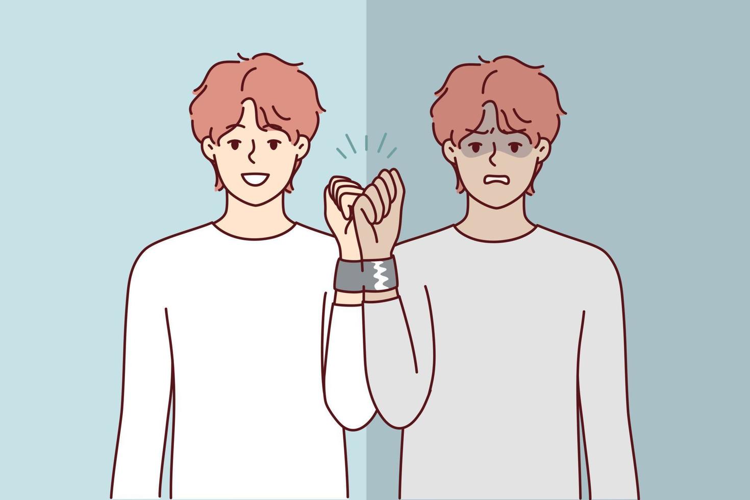 Similar men with tied hands for psychological problems concept. Cheerful and sad guy in reflection with adhesive tape on hand symbolizes internal personality disorder. Flat vector design