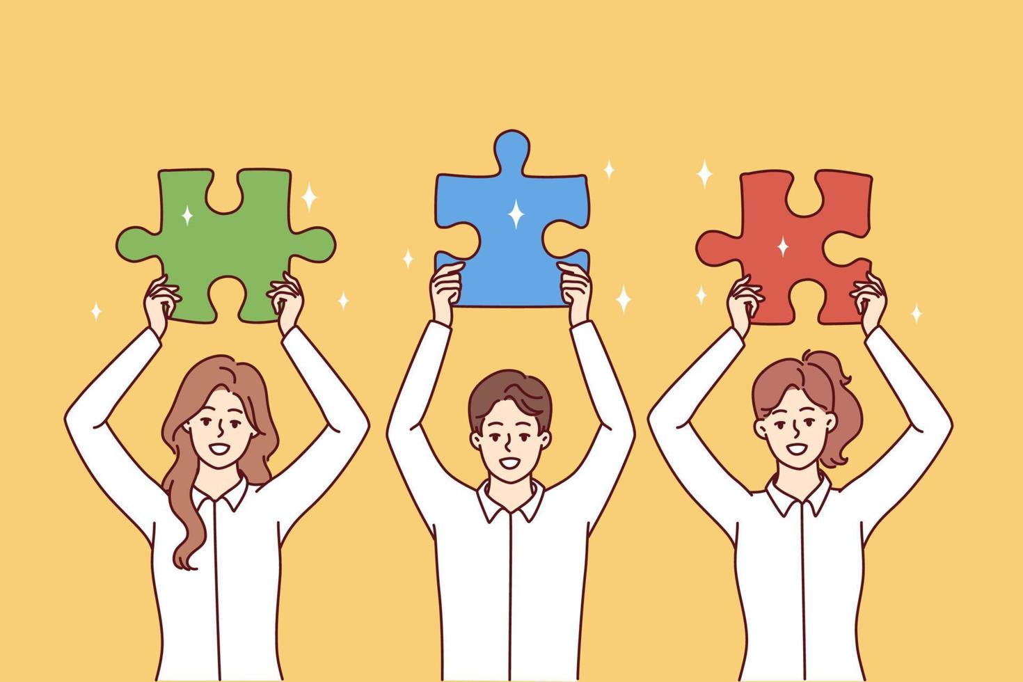 Employees demonstrate jigsaw puzzles to show team work and joint desire to make company better. Man and woman working in same startup jointly contribute to success of corporation. Flat vector image