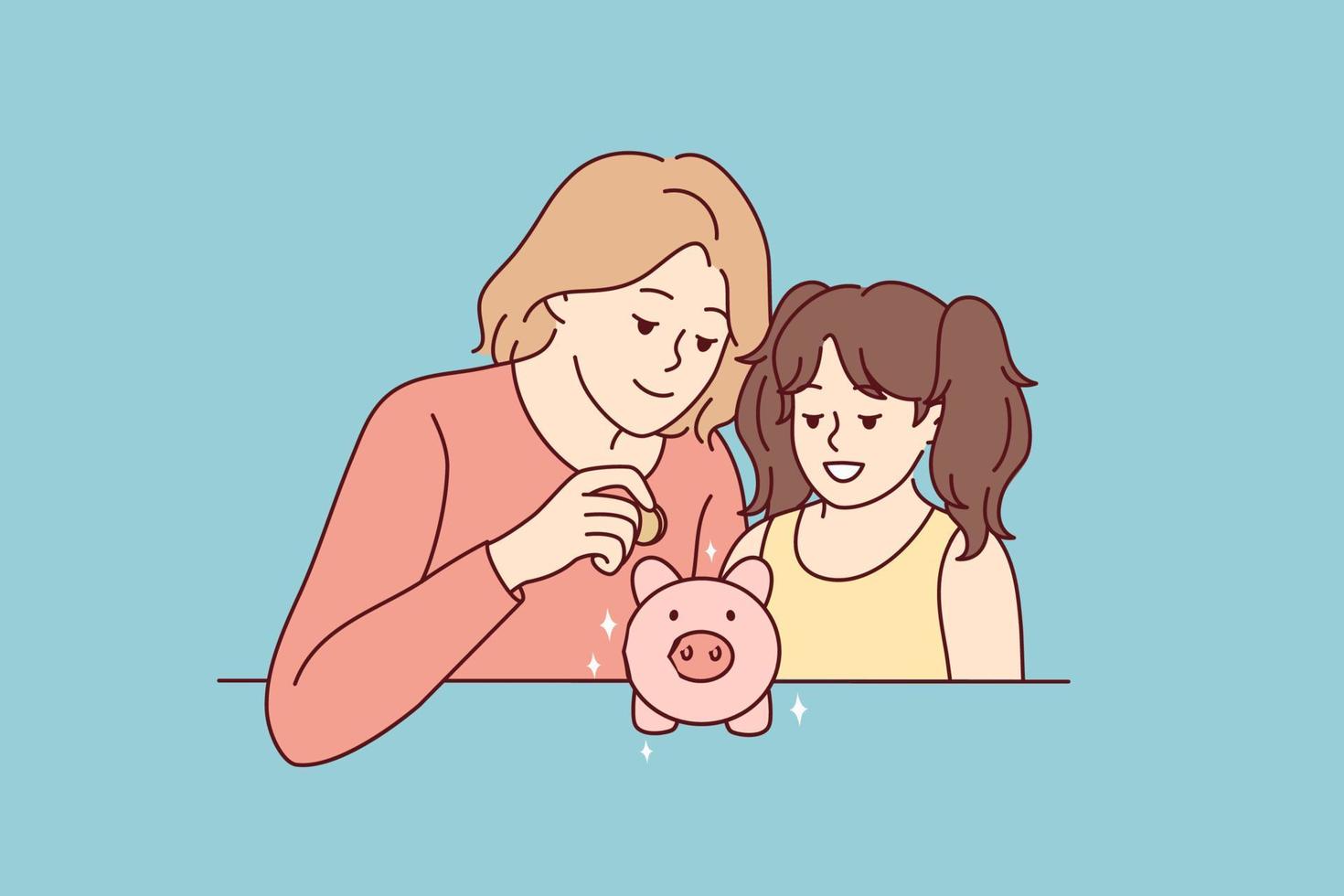 Mother and daughter saving money in piggybank. Mom and girl child put coin in piggy bank make financial investment for future. Banking. Vector illustration.