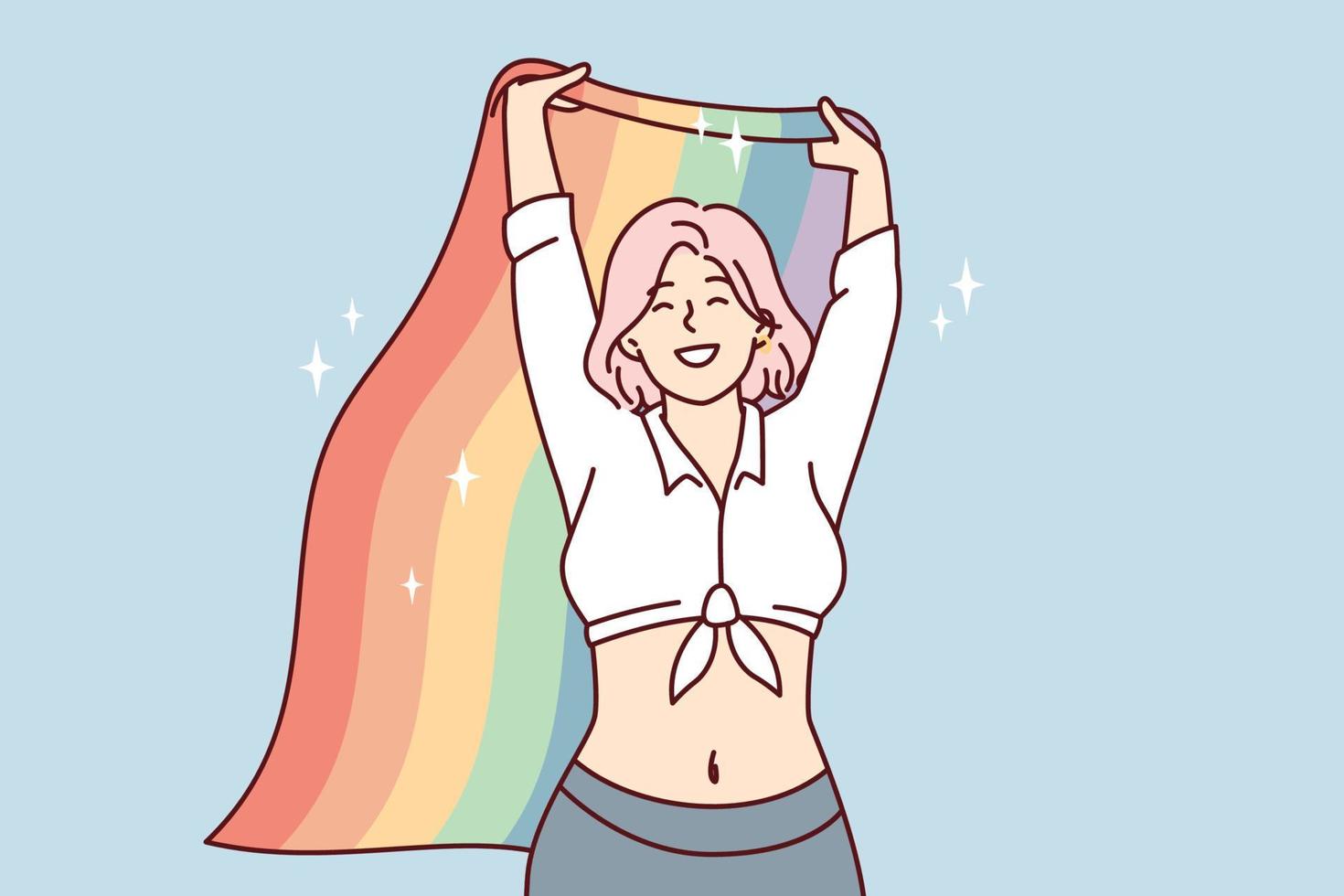 Happy woman waving rainbow flag while speaking at event for LGBT and sexual minorities. Tolerant positive girl participant of PRIDE activists parade smiles showing civic position. Flat vector image