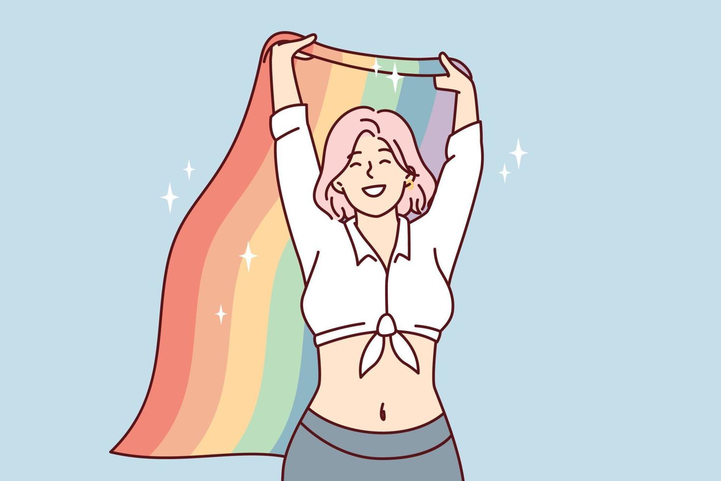 mujer feliz ondeando la bandera del arco iris mientras habla en un evento para lgbt y minorías sexuales. tolerante niña positiva participante del desfile de activistas del orgullo sonríe mostrando posición cívica. imagen vectorial plana vector