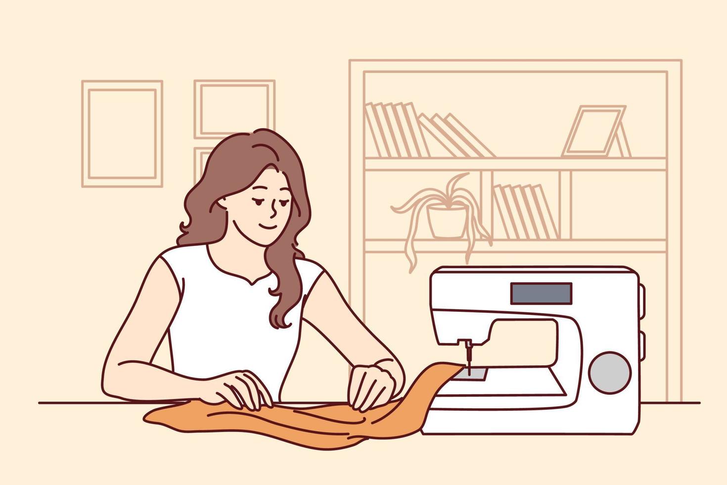 Happy young woman sit at table sew on machine at home. Smiling female seamstress or dressmaker working creating clothes. Hobby concept. Vector illustration.