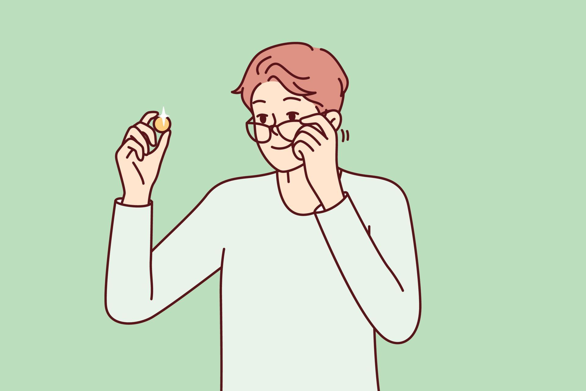 Positive man examines gold coin or piece of jewelry and lowers glasses