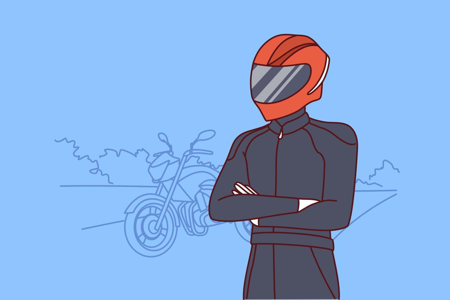 motociclista con ropa para motociclistas profesionales y casco protector que cubre la cara y los ojos. humano con bicicleta para carreras extremas se para en la carretera y mira a lo lejos. diseño vectorial plano vector