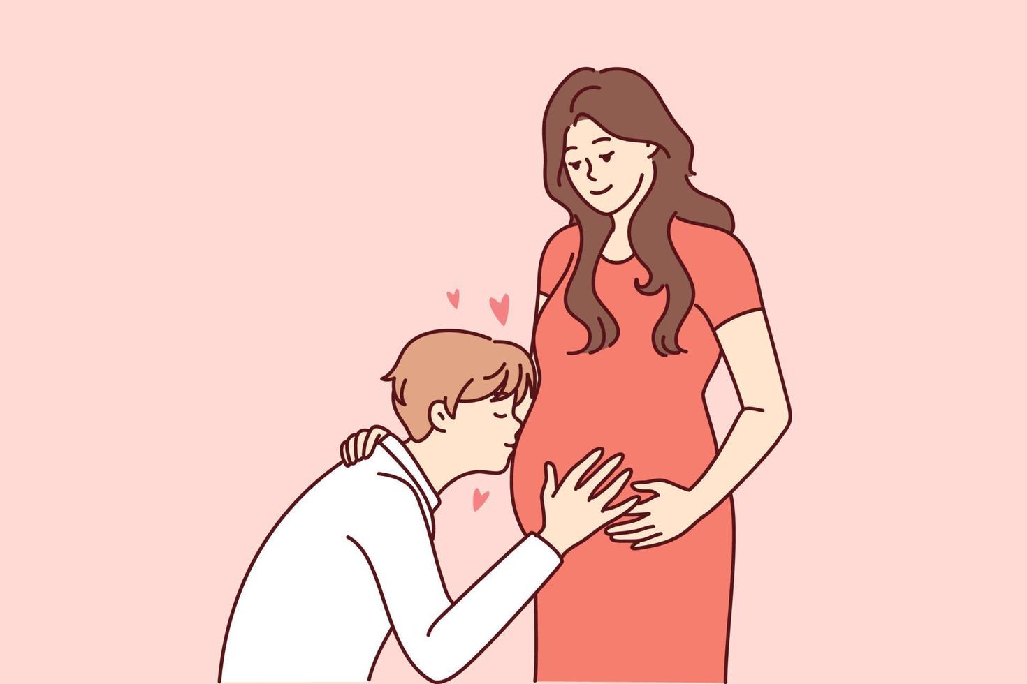 Happy young man kiss pregnant woman belly excited about parenthood. Smiling future father hug wife. Pregnancy and parenting. Vector illustration.