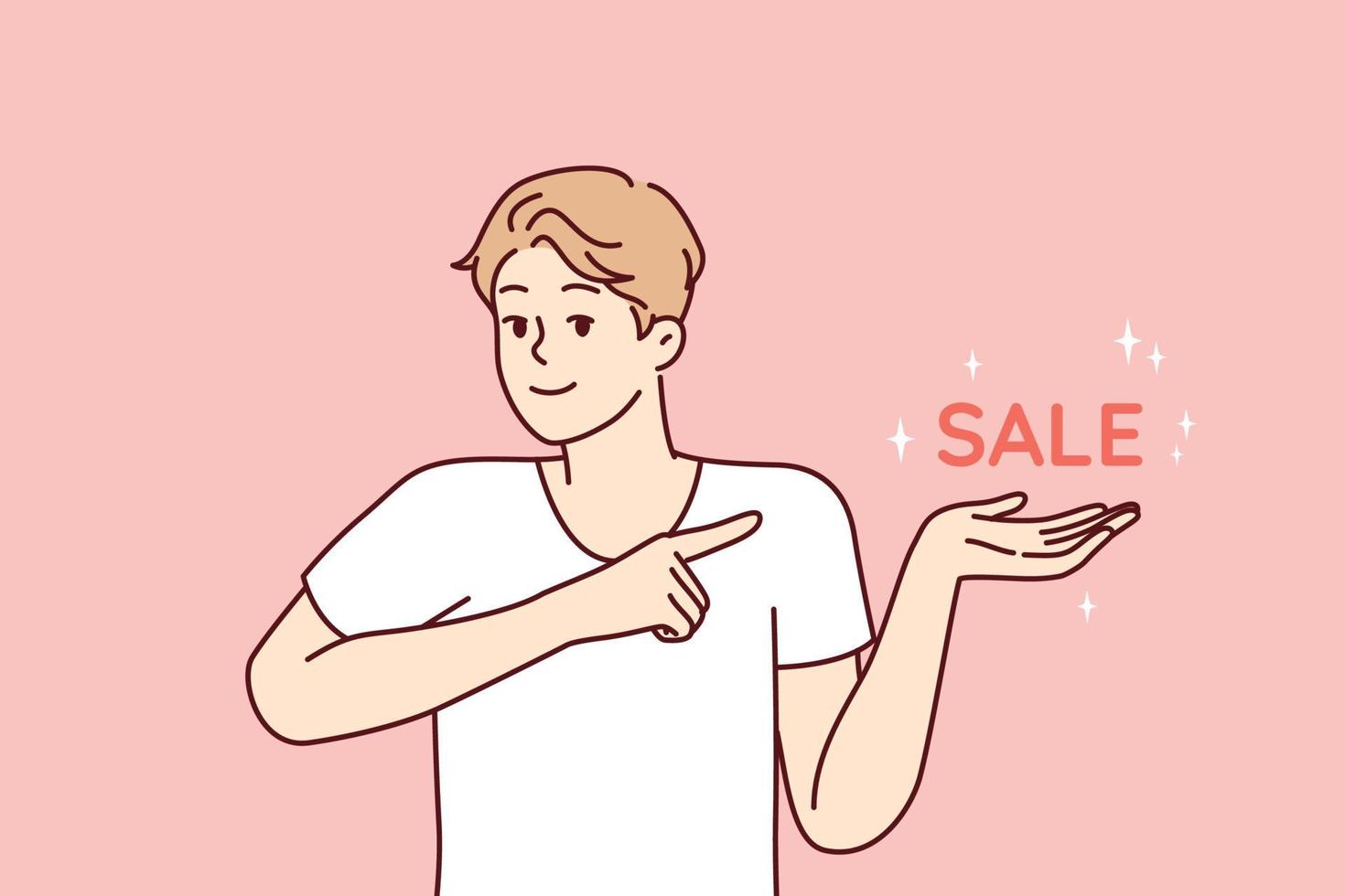 Positive man pointing finger at inscription sale, inviting for profitable shopping in supermarket or online store. Optimistic guy dressed in casual t-shirt for marketing campaign. Flat vector design