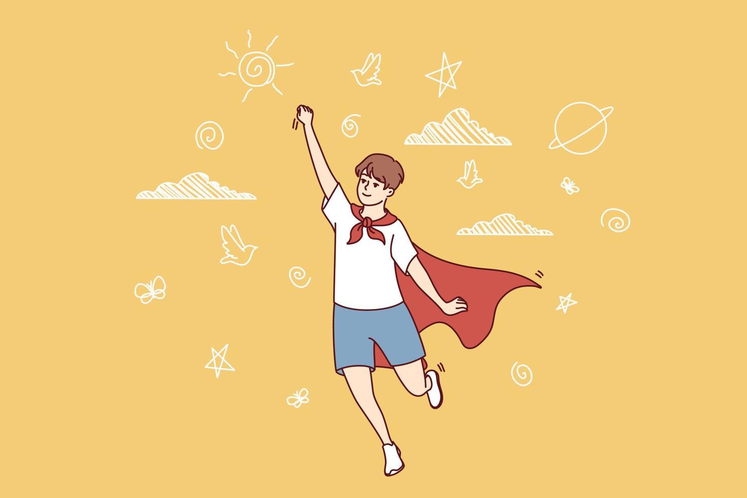 Teenager boy in superhero cape stretches hand up and represents flight to save people from crime or cataclysms. School-age guy in red cape and tie pretends to be super-human. Flat vector design
