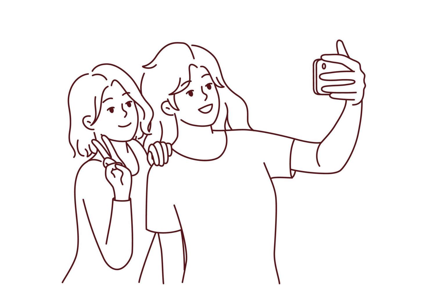 Smiling girls make selfie on smartphone vector