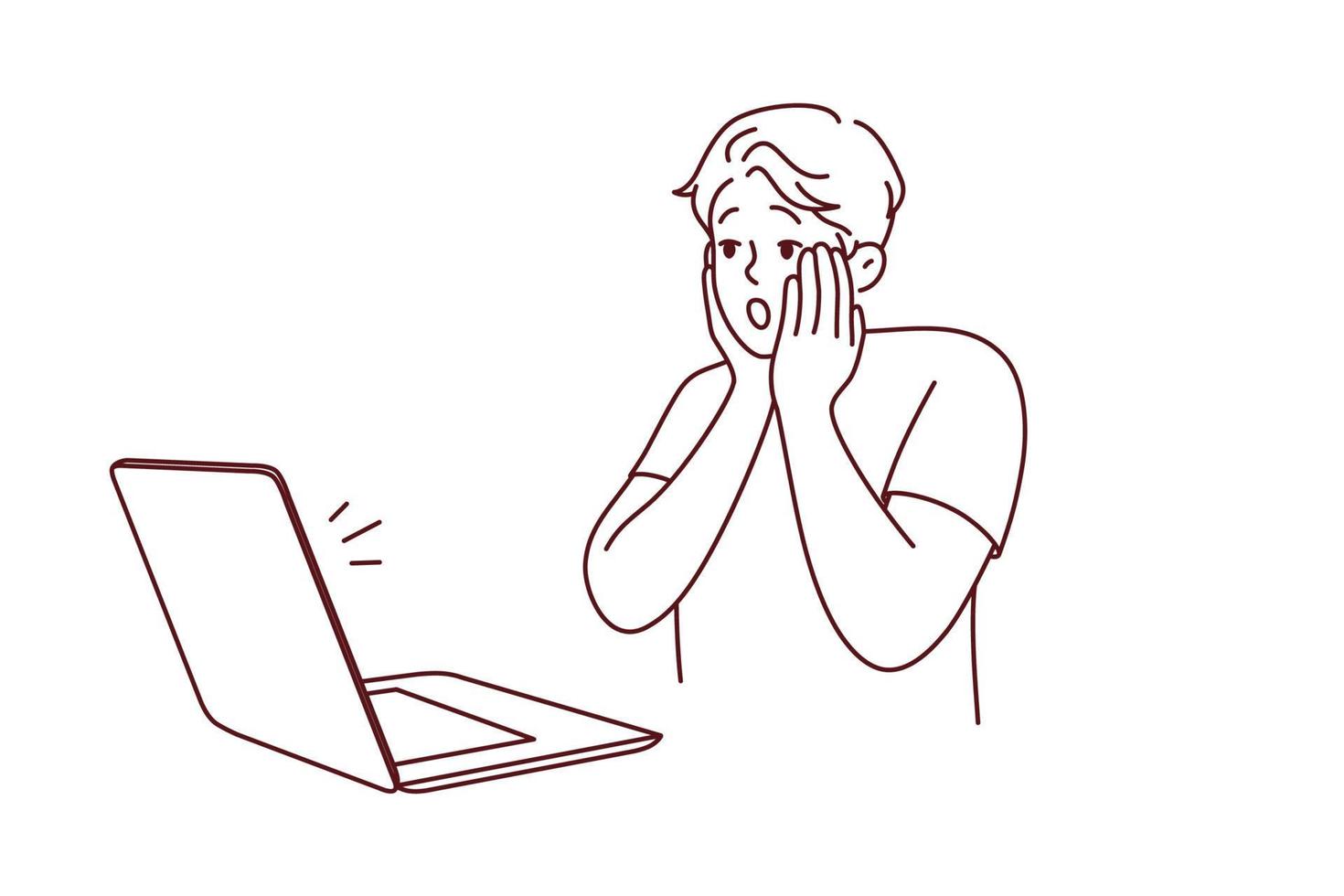 Stunned man shocked by news on computer vector