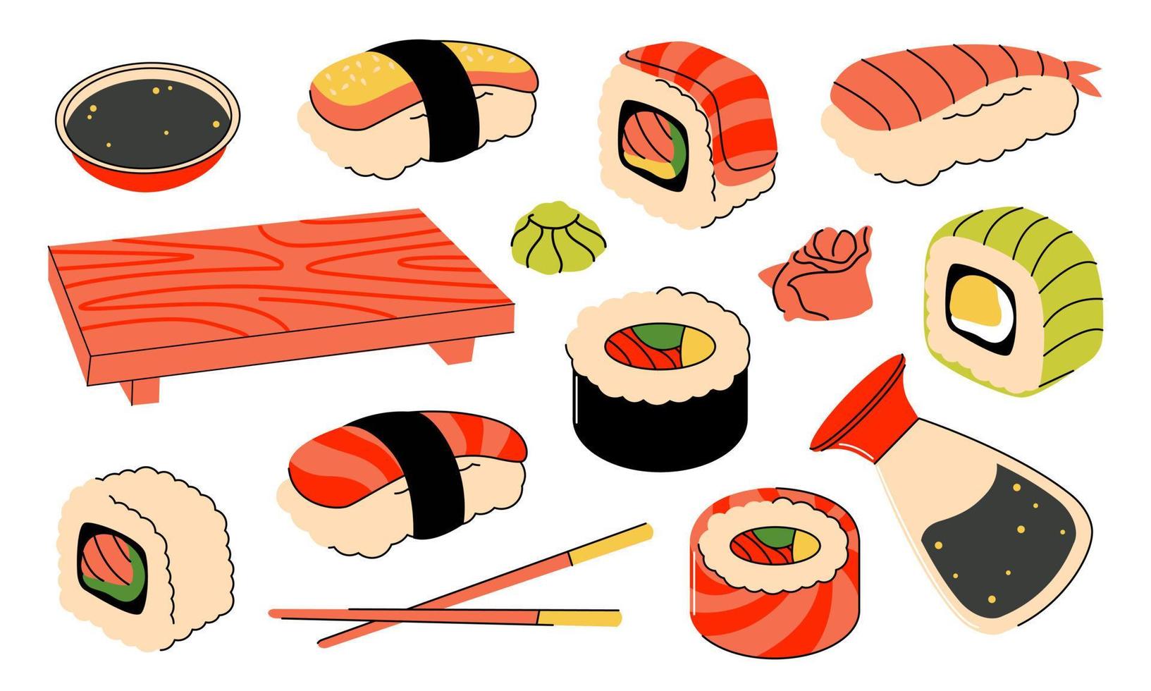 un juego de sushi japonés, rollos. artículos para comida asiática. cocina japonesa. ilustración vectorial platos asiáticos para menús y restaurantes. vector