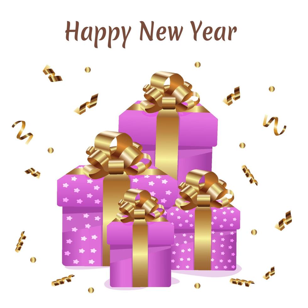 Happy New Year Pink gift box with gold bow and ribbons vector