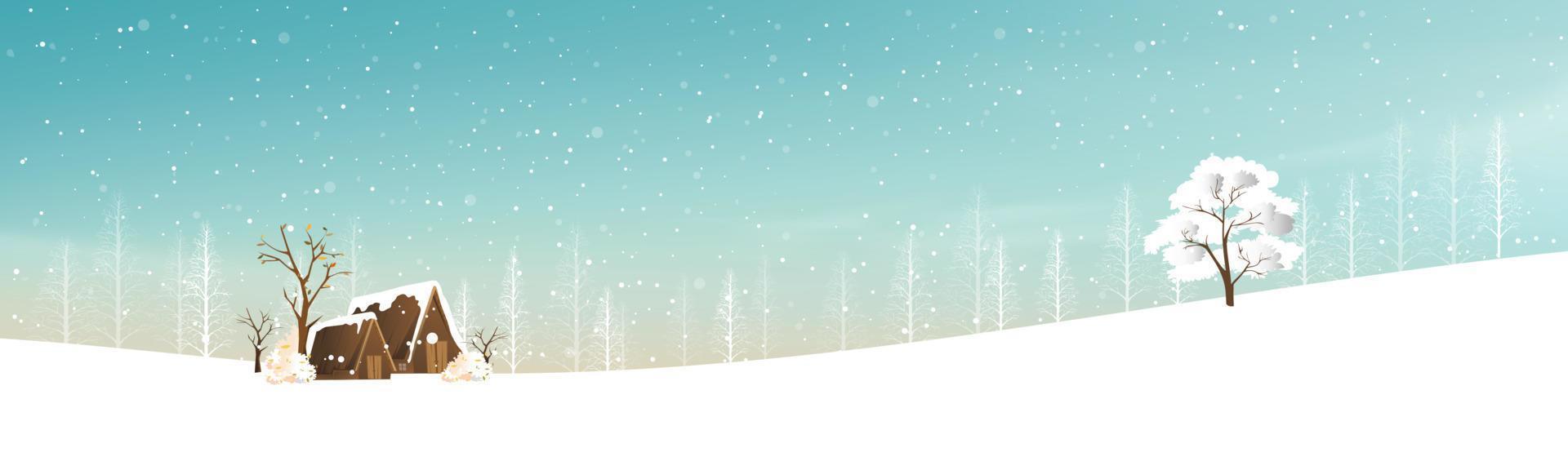 paisaje invernal con cubierta nevando, ilustración vectorial casa de campo del país de las maravillas en pueblo con pino forestal y ramas sin hojas.banner horizontal para vacaciones de navidad o año nuevo 2022 vector