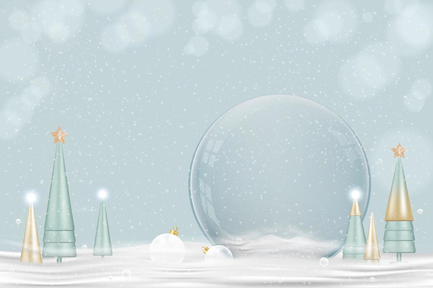 feliz año nuevo y feliz fondo de navidad. bola de nieve de navidad con árbol cónico en la nieve, diseño 3d de globo de nieve de cristal. elementos navideños festivos. cartel de vacaciones, tarjeta de felicitación, folleto con espacio de copia vector