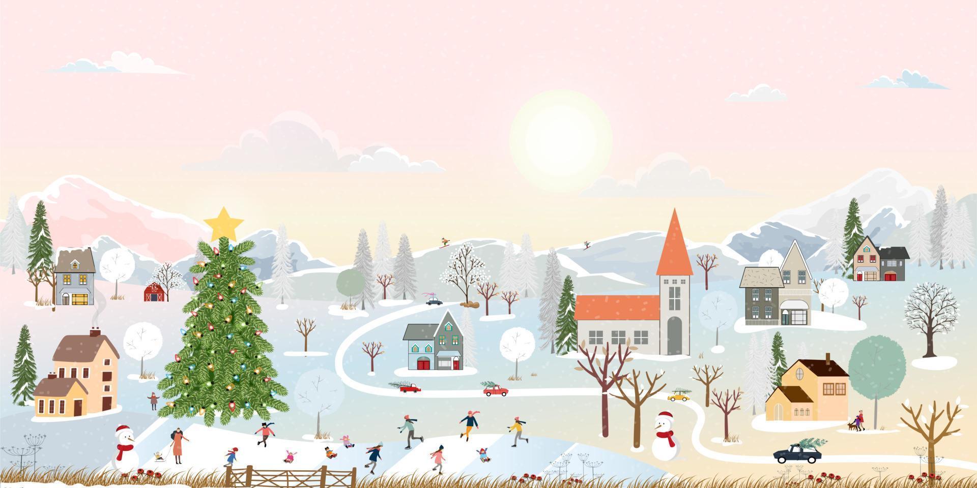 Winter landscape in village, Christmas and new year celebrated in the city,Vector of horizontal banner winter wonderland in the town with happy kids sledding and couple with skiing in the park vector