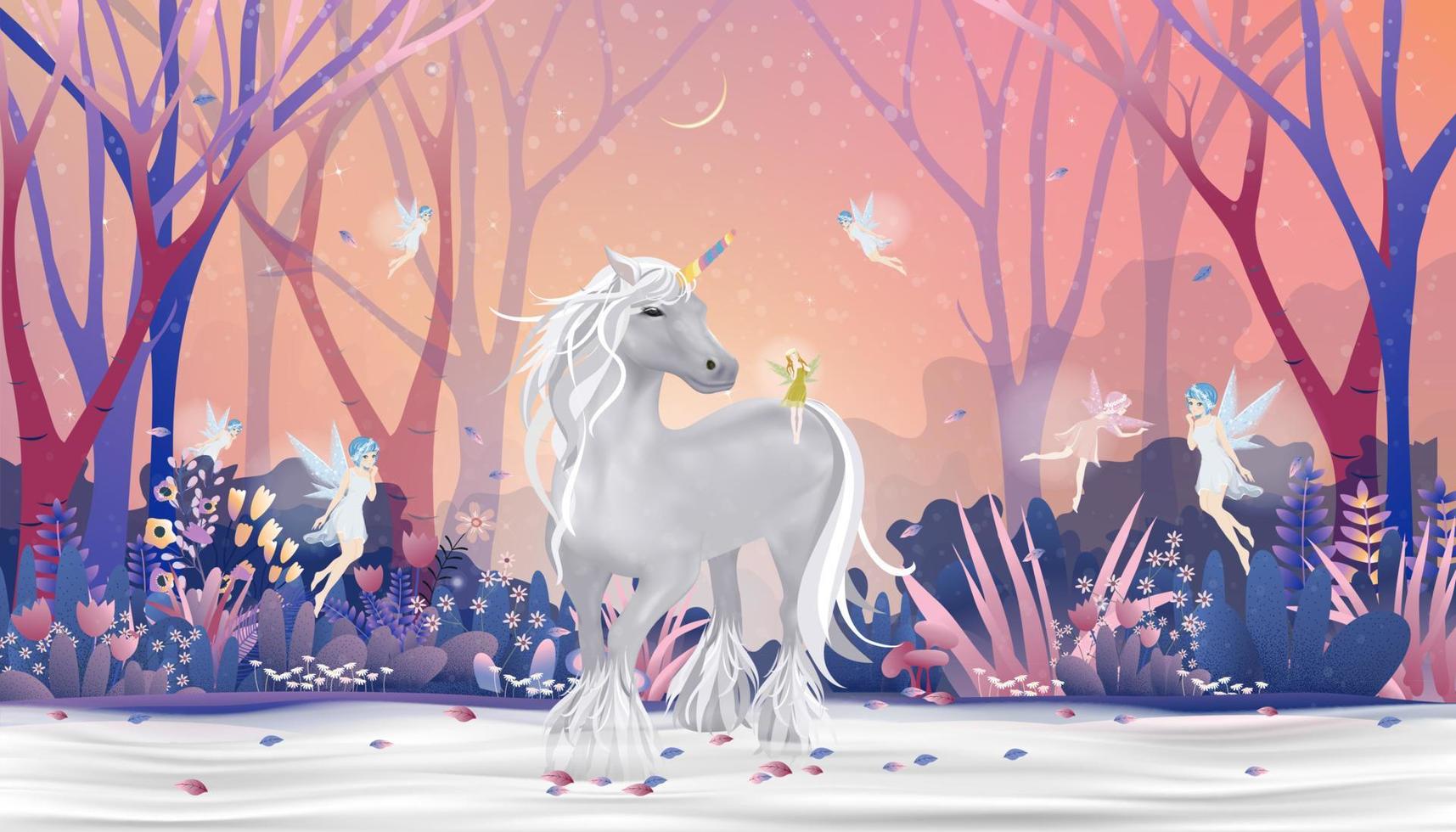 Fantasy winter wonderland of fairies flying and playing with unicorn in Christmas night in magic forest,Vector illustration beautiful nature landscape.Fairytale background for bed time story vector