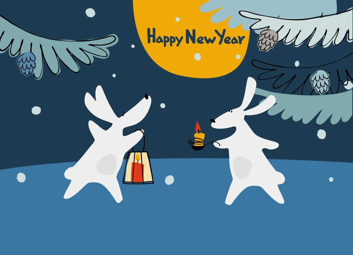 Happy New Year greeting card with Water Rabbit, zodiac animal for 2023 in the night forest. Funny Chinese horoscope rabbit and hand-lettered greeting phrase vector