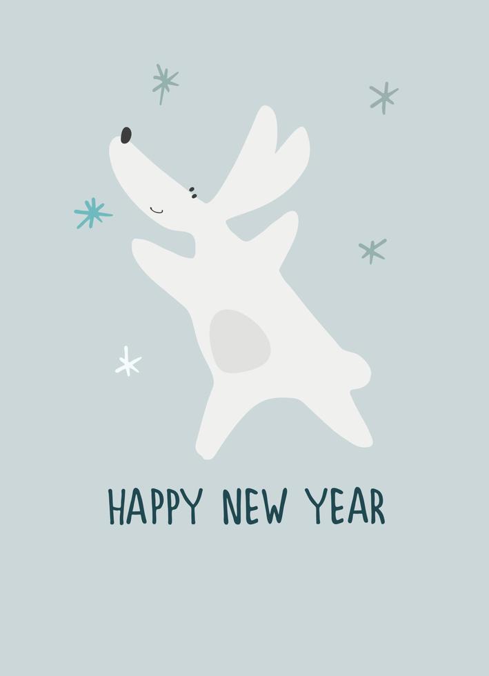 Happy New Year greeting card with Water Rabbit, zodiac animal for 2023 in the night forest. Funny Chinese horoscope rabbit and hand-lettered greeting phrase vector