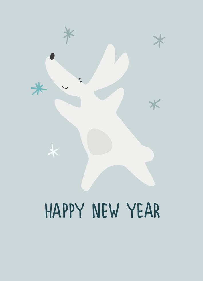 feliz tarjeta de felicitación de año nuevo con conejo de agua, animal zodiaco para 2023 en el bosque nocturno. divertido horóscopo chino conejo y frase de saludo con letras a mano vector