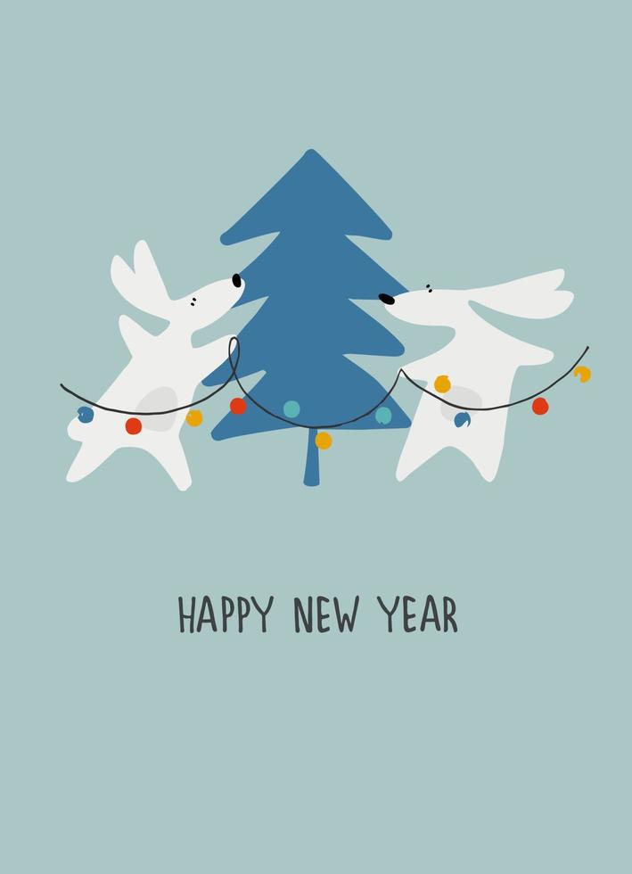 feliz tarjeta de felicitación de año nuevo con conejo de agua, animal zodiaco para 2023 en el bosque nocturno. divertido horóscopo chino conejo y frase de saludo con letras a mano vector