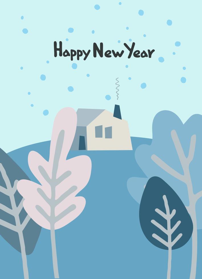 Happy New Year greeting card with Water Rabbit, zodiac animal for 2023 in the night forest. Funny Chinese horoscope rabbit and hand-lettered greeting phrase vector