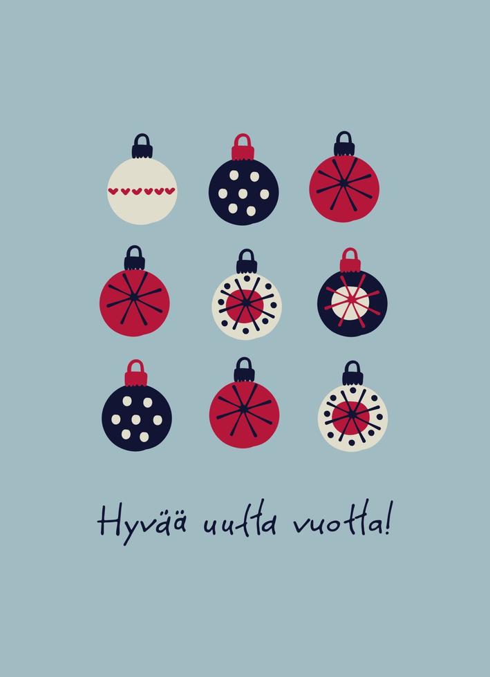 hyvaa huutta vuotta. tarjeta de felicitación finlandesa de año nuevo. diseño elegante con abetos dibujados a mano y letras a mano sobre fondo turquesa. texto en finlandés dice feliz año nuevo vector