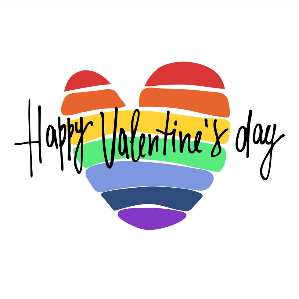 Happy Valentines Day greeting lettering with rainbow-colored heart in the back vector