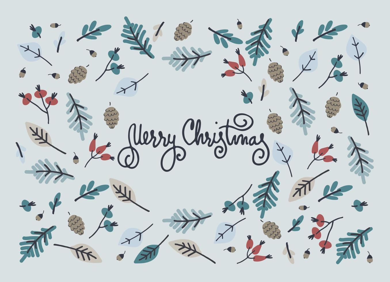 Merry Christmas greeting card template. Minimalistic design with branch arrangement. Twigs with leaves and berries in a cup, snowflakes, hand lettering on blue background vector