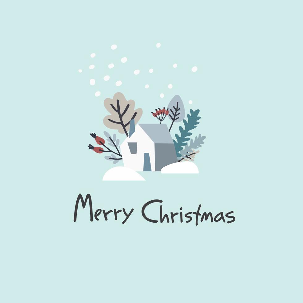 Merry Christmas greeting card template. Minimalistic design with branch arrangement. Twigs with leaves and berries in a cup, snowflakes, hand lettering on blue background vector