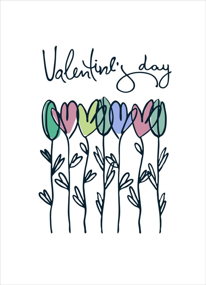 Happy Valentines Day greeting lettering with rainbow-colored heart in the back. vector