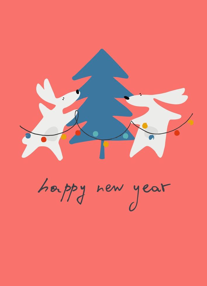 Happy New Year greeting card with Water Rabbit, zodiac animal for 2023 in the night forest. Funny Chinese horoscope rabbit and hand-lettered greeting phrase vector