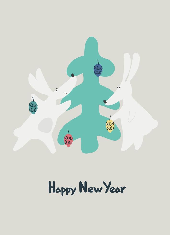 Happy New Year greeting card with Water Rabbit, zodiac animal for 2023 in the night forest. Funny Chinese horoscope rabbit and hand-lettered greeting phrase vector