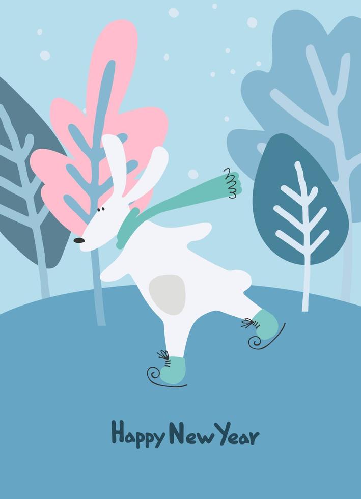 Happy New Year greeting card with Water Rabbit, zodiac animal for 2023 in the night forest. Funny Chinese horoscope rabbit and hand-lettered greeting phrase vector