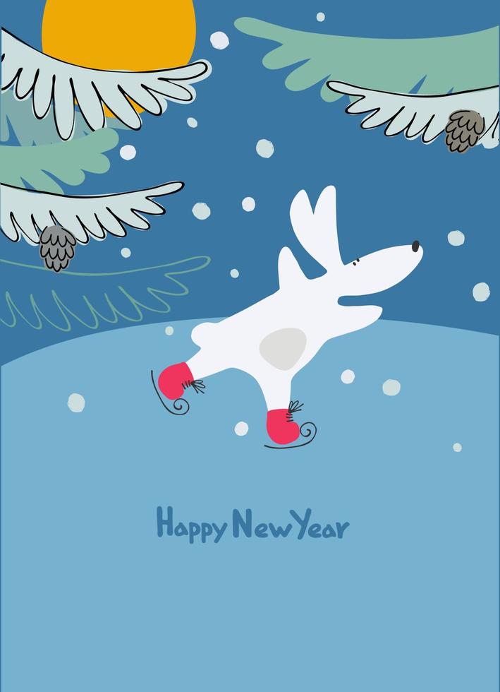 Happy New Year greeting card with Water Rabbit, zodiac animal for 2023 in the night forest. Funny Chinese horoscope rabbit and hand-lettered greeting phrase vector