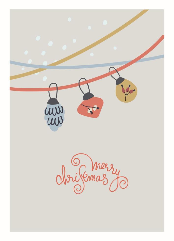 Merry Christmas greeting card template. Minimalistic design with branch arrangement. Twigs with leaves and berries in a cup, snowflakes, hand lettering on blue background vector
