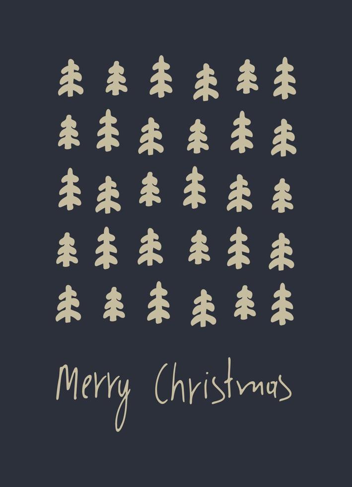 tarjeta de felicitación de feliz navidad, ilustración de vacaciones. letras a mano, árboles de navidad ornamentales como el oro vector