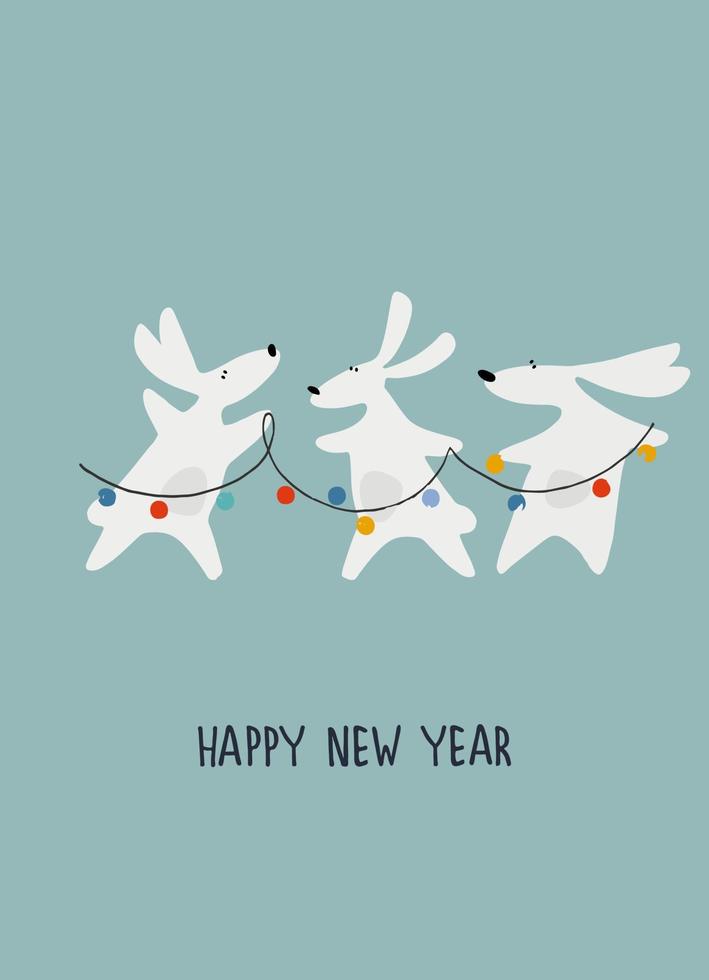 Happy New Year greeting card with Water Rabbit, zodiac animal for 2023 in the night forest. Funny Chinese horoscope rabbit and hand-lettered greeting phrase vector