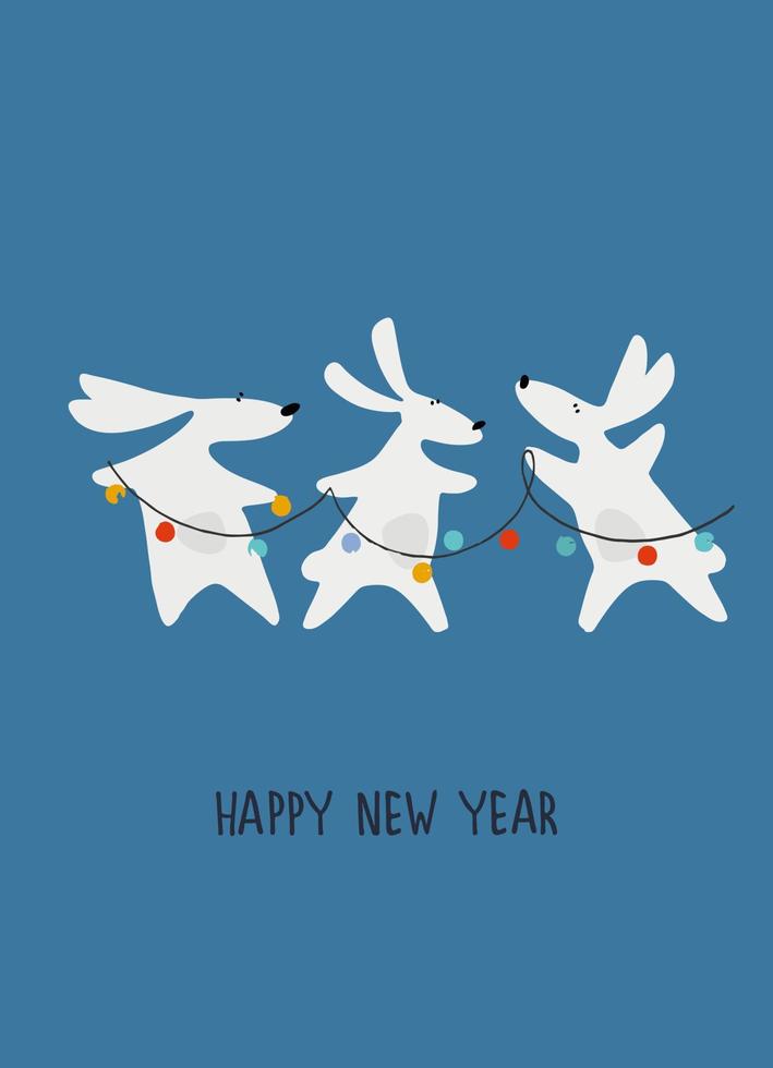 feliz tarjeta de felicitación de año nuevo con conejo de agua, animal zodiaco para 2023 en el bosque nocturno. divertido horóscopo chino conejo y frase de saludo con letras a mano vector