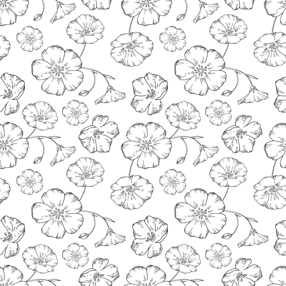 Vector seamless pattern of linear figured flax flowers. black and white doodle style. Modern design for clothing, packaging, paper, cover, fabric, interior decor
