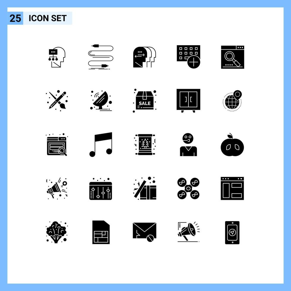 paquete de 25 signos y símbolos de glifos sólidos modernos para medios de impresión web, como dispositivos de hardware, computadoras de cable, cabeza, elementos de diseño de vectores editables