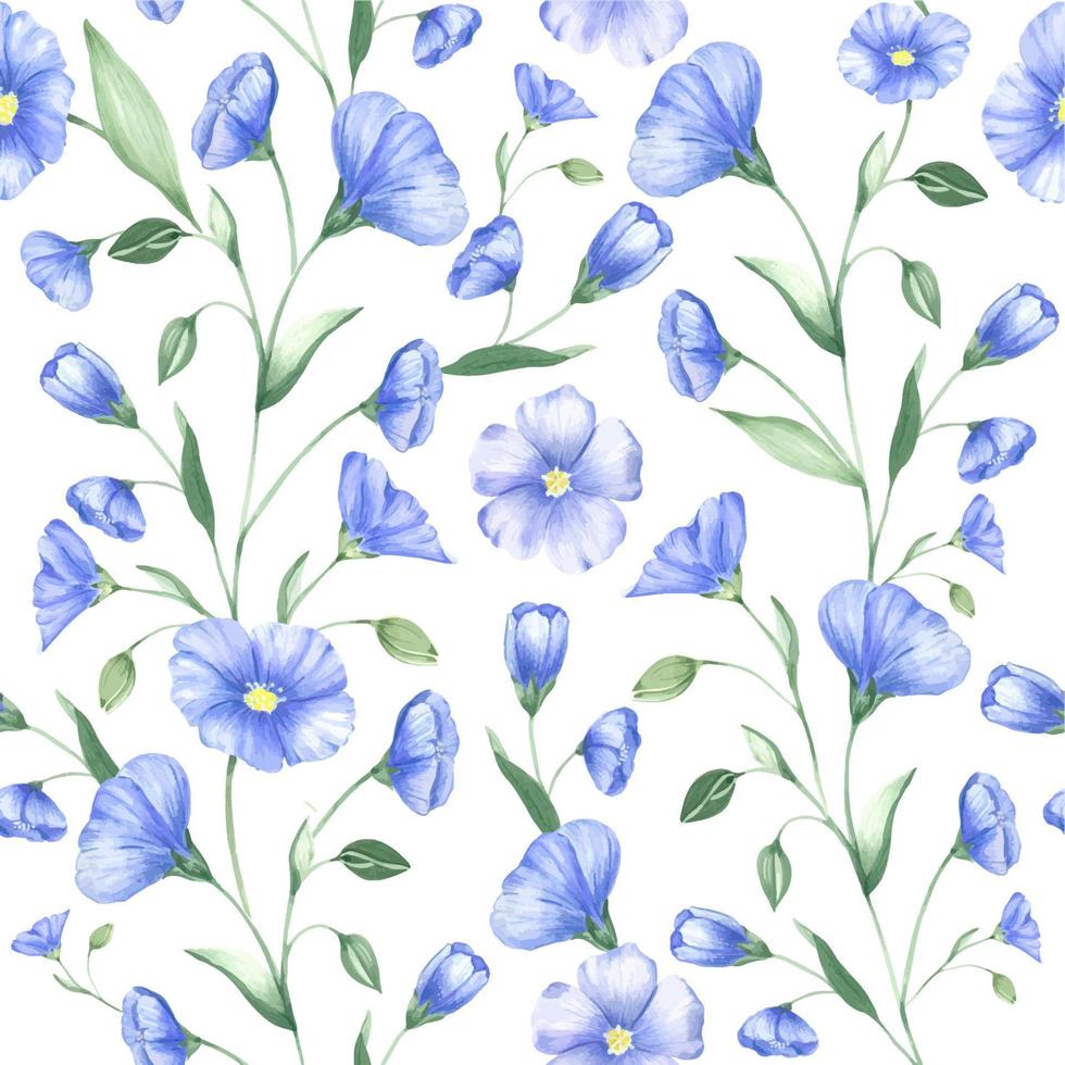 Vector seamless pattern of flax wildflowers. Watercolor floral seamless pattern of blue flowers. Suitable for fabric, scrapbooking, digital paper digital design