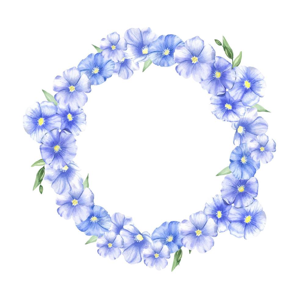 Round wreath of watercolor flax flowers, stems and buds. A frame of blue wildflowers for postcards and invitations, save the date cards. Vector illustration