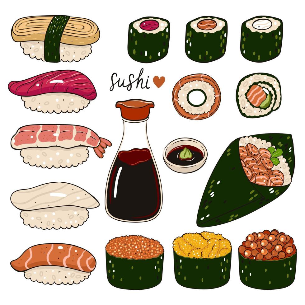 conjunto de diferentes tipos de sushi y salsa de soja aislado sobre fondo blanco. gráficos vectoriales vector