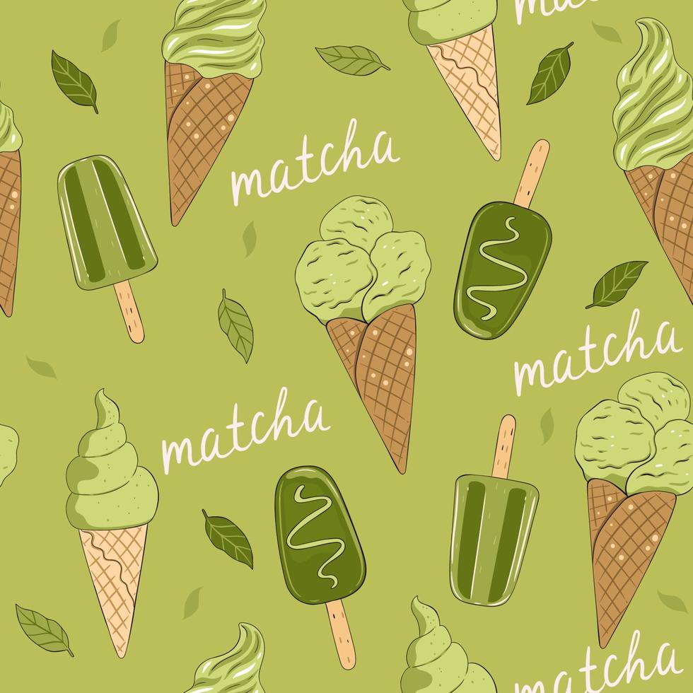 Seamless pattern with matcha ice cream. Vector graphics.