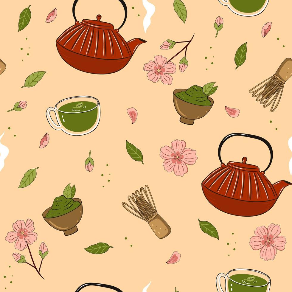 Seamless pattern with matcha tea and sakura flowers. Vector graphics.